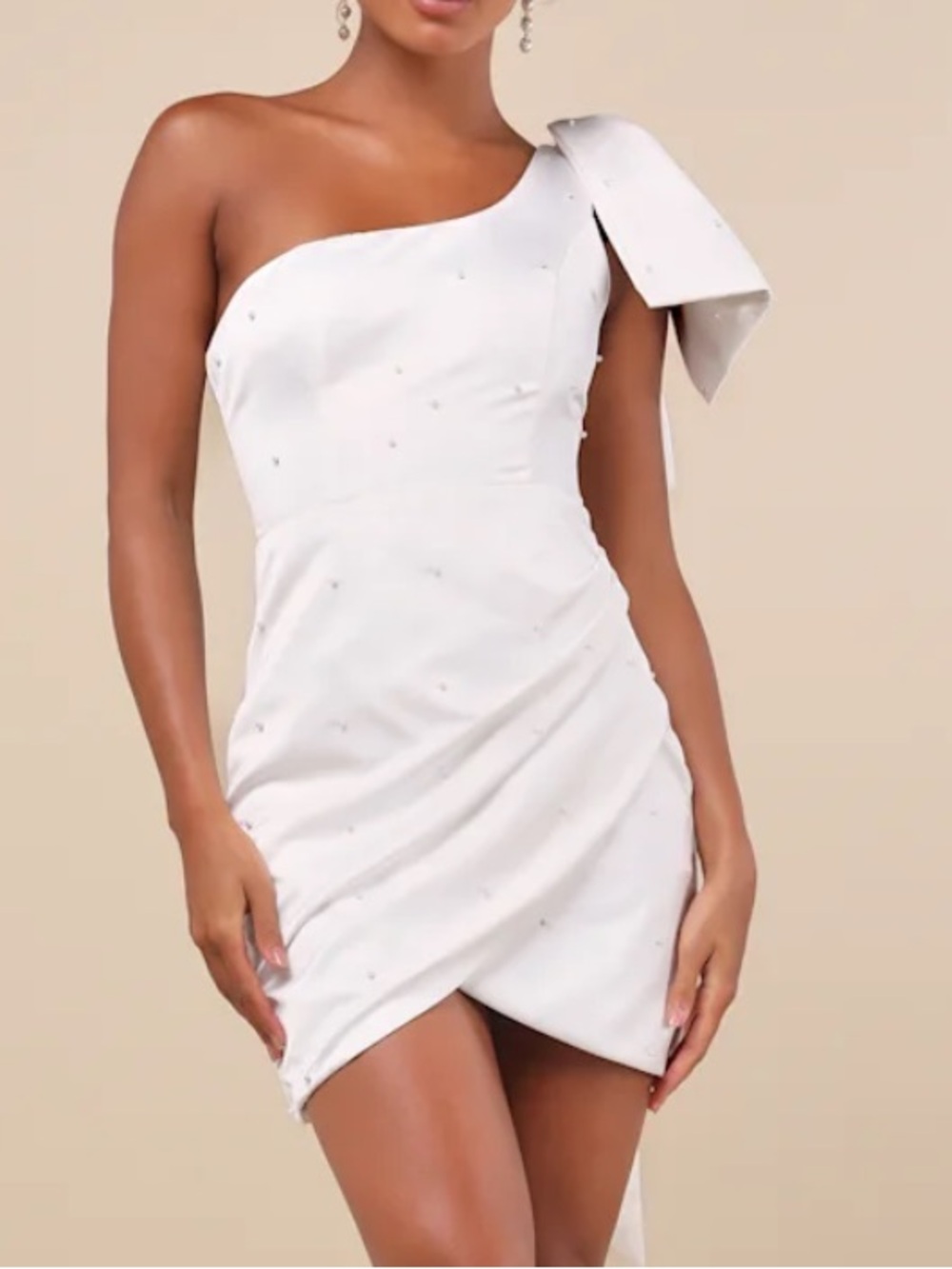 Lulu's White One-Shoulder Pearl Bow Mini Dress